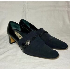 Brighton Quincy Black Leather Fabric Accent Block Heel Dress Shoes Women 8.5